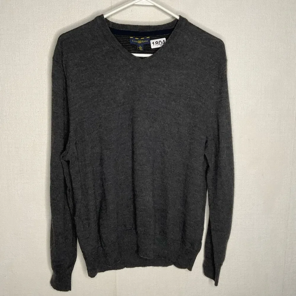 Club Room Sweater Men's Size M Medium Gray Merino‎ Wool Blend V-neck Neutral